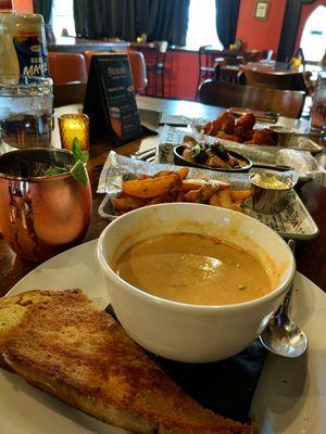 Beer Cheese Soup, Fries, Smashed Fingerling Potatoes, and Crispy Fried Chicken Wings