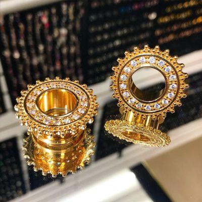 Cubic zirconia mandala front gold screw fit plugs