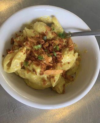 Our vegan Mac & Cheez - homemade and so good!  Topped with homemade coconut bacon or kick it up a notch with jalapenos!