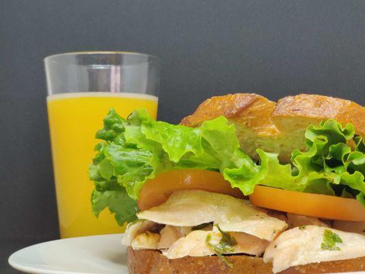 Roasted Chicken Sandwich with orange juice