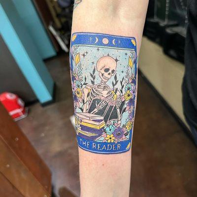 "The Reader" tarot card tattoo by Brent.