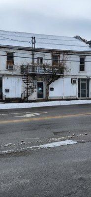 This is a cool tree growing on the side of a building across from the store.