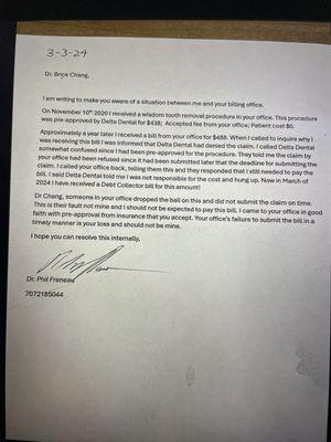 letter sent to Brookings dental arts