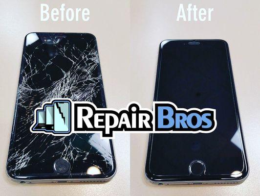 iPhone screen repair done in 15 minutes. Showing a before and after image of the work done.