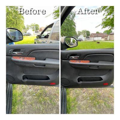 Before and after dressing the door panel with a UV protection and shine.