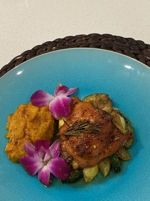 Braised Maple Chicken with Sweet potato souffle and griled mixed veggies