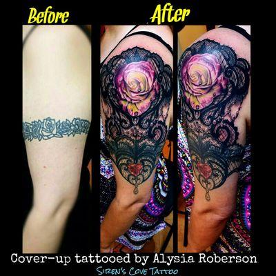 Cover-up of old rose arm band with lace, jewelry, and rose halfsleeve tattooed by Alysia Roberson at Siren's Cove Tattoo in Piedmont, SC!