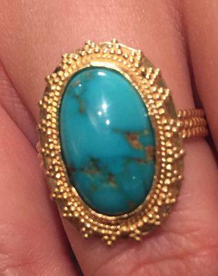 22kt gold Persian Turquoise ring sized at The Golden Web, Santa Fe, NM.