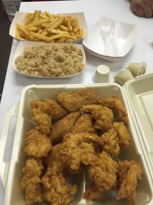 Shrimp, fish, fried rice and fries!