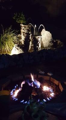 Here's a night time view of the fire pit and water fountain. Isn't it peaceful?