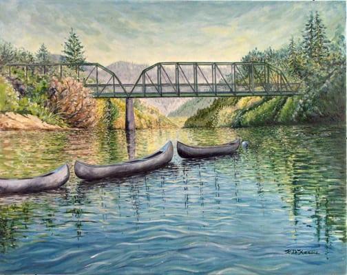 Beautiful painting by Patty Karcie of Guernville's walking bridge. Patty  is a member of the Russian River Art Gallery.