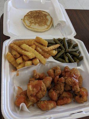 Catfish, fries, green beans, cornbread.