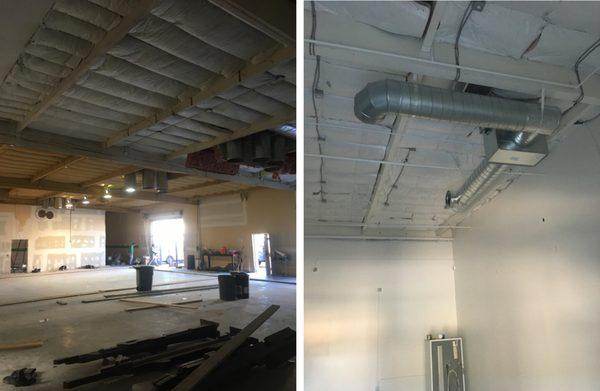 Before & after pictures of our most recent ductwork! We love the industrial shabby chic design that exposed spirals bring to any space.