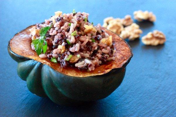 Wild Rice Stuffed Acorn Squash with Toasted Walnuts