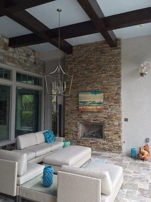 Outdoor Living/Patio:  Virginia Ledgestone on fireplace combined with Silver travertine flooring.  Located Carleton Woods, The Woodlands TX.