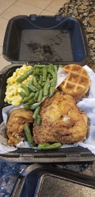 The Ray Charles... Cornbread waffle, fried chicken, green beans, Mac&cheese