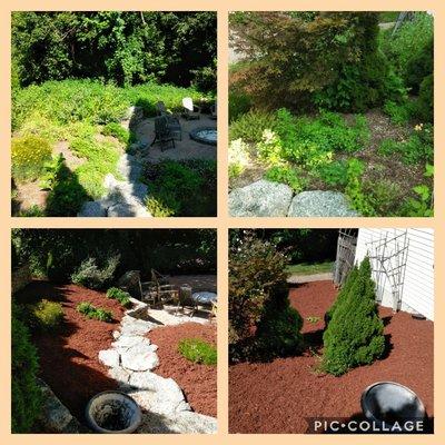 Before and after pic of weeding, regrading, and fresh mulch.