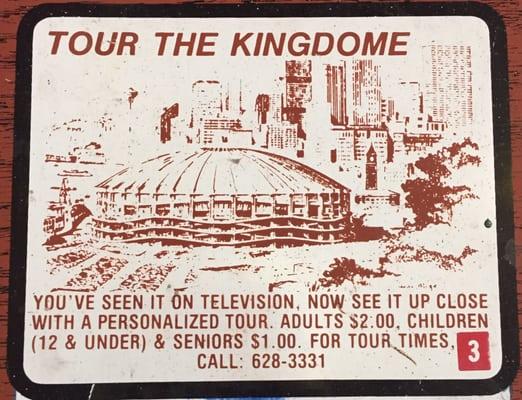 Small throwback advertising about the Kingdome. Located at the small gift shop were Sasquatch and the A frame house is.