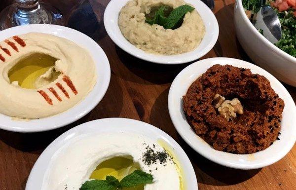 Famous Syrian dips - hommous, baba ghanoush, muhammara, and labne.