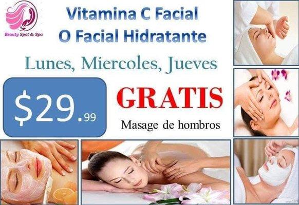 Vitamin C Facial or Hydrating Facial only 29.99 on Mondays, Wednesdays & Thursdays