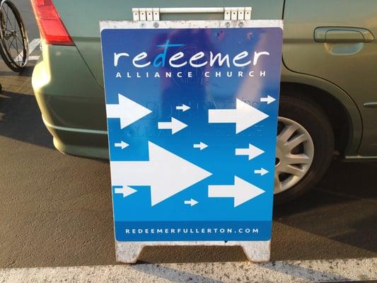 Look for these signs around Woodcrest Elementary on Sunday mornings to guide you to our worship service.