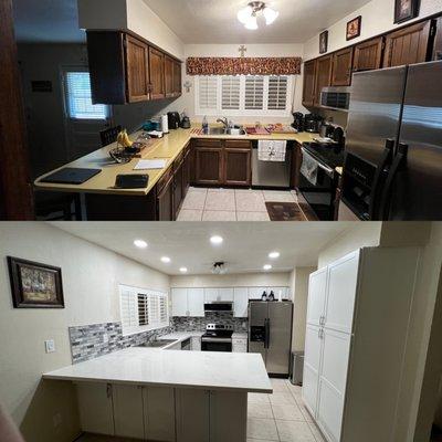 Huge transformation on this outdated kitchen!..old light fixture removed, time for paint!