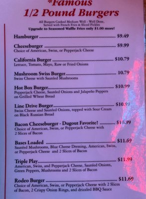 Menu burgers