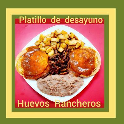 2 huevos estrellados   salsa roja con alparstor frijoles fritos y papas