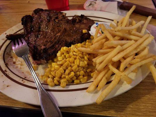 T-bone steak, corn, fries