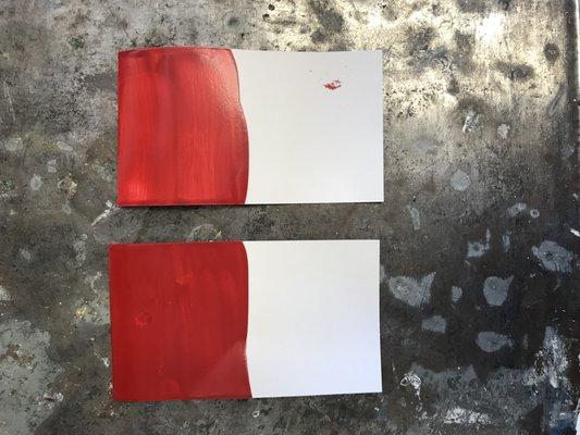 The difference quality paint can make!  Top swatch is a competitor that offers a one-coat guarantee.  Bottom is a swatch of BM Aura!