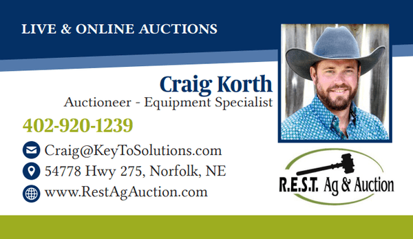 Craig Korth Business Card
Phone Number 402-920-1239
Website: RestAgAuction.Com