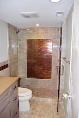 Custom Marble And Glass Wainscot, Shower And Floor