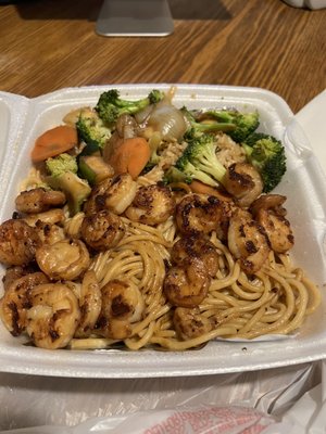 Hibachi shrimp with fired rice and noodles