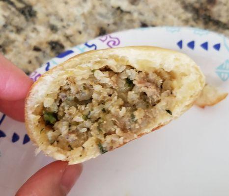 Inside the spicy Boudain kolache. Lots of filling, not just bread. Yum! It's actually a little spicy