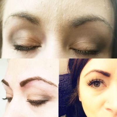 This is a before, after and a few days after photo of a powder fill brow