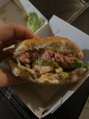 Burger that is pink and COLD in the middle. Disgusting.