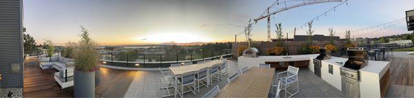 Rooftop deck with grills and pizza oven, Bluetooth music connection with outdoor music system, and outdoor lighting