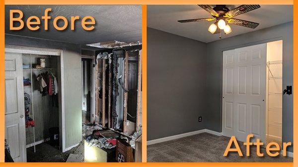 Bedroom restoration after fire and smoke damage to a home