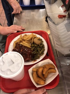 Ribs, fries, green beans, hush puppies and sweet tea