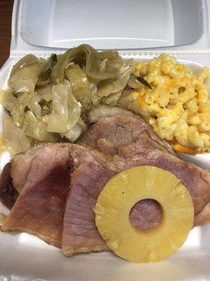 Glazed ham, macaroni & cheese, and cabbage