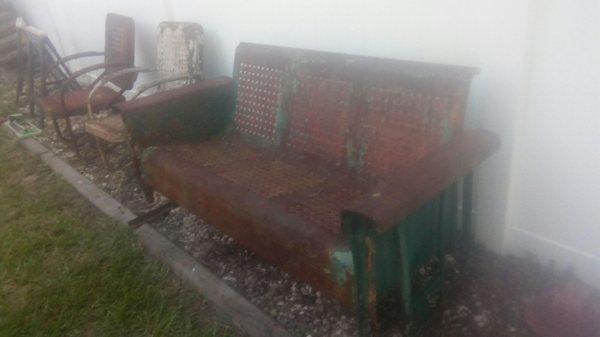 Vintage Porch Glider and Pair of Matching Chairs. Basket weave pattern.