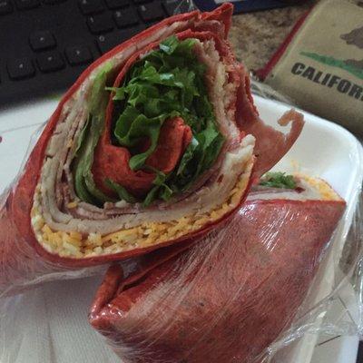 Turkey and Salami wrap. Fantastic, I highly recommend. Eat with a side of potato wedges and ranch. Yum!