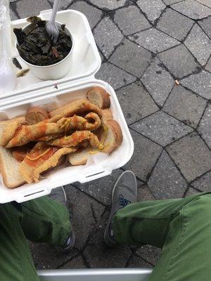 Bomb dot com.    Catfish sandwich with side of greens