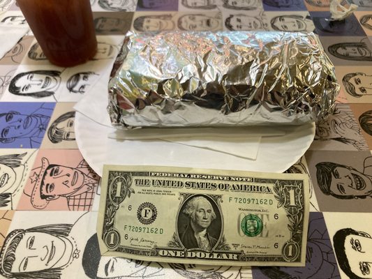 Cowboy crunch burrito with avocado. Dollar bill was used for size scale.