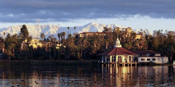 Exterior view of the pavillion beside Lake Norconian. The Norconian Resort can be seen in the distance.