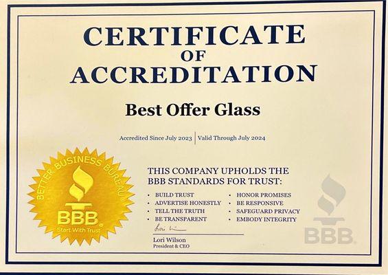 Best Offer Glass is fully accredited by the Better Business Bureau (BBB).