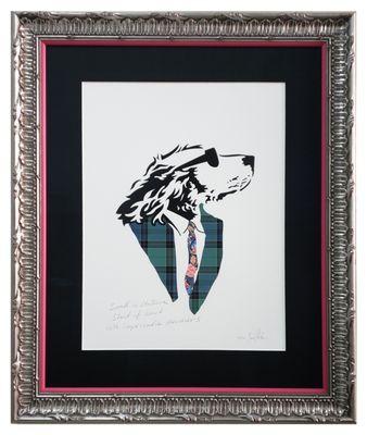 Linen textured black mat, baroque silver frame with pink fillet for this cool dog.