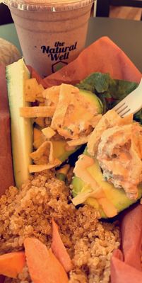 Sriracha Tuna stuffed avocado & Banana Split shake