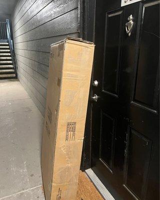 After traveling 12 hours & getting home at 1am, I had to push a 121 lb box out of the way to get to the key. This isn't my package!!!!!