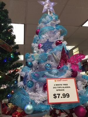 Cool, funky tree. 99 cent ornaments, say whaaaat?